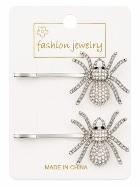Iridescent Crystal Spider Bobby Pins Silver Tone Rhinestone Halloween Hair NEW